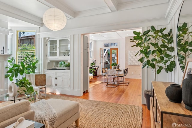 670 Page St, San Francisco, CA 94117 - living area featuring light wood-type flooring, beam ceiling, and crown molding