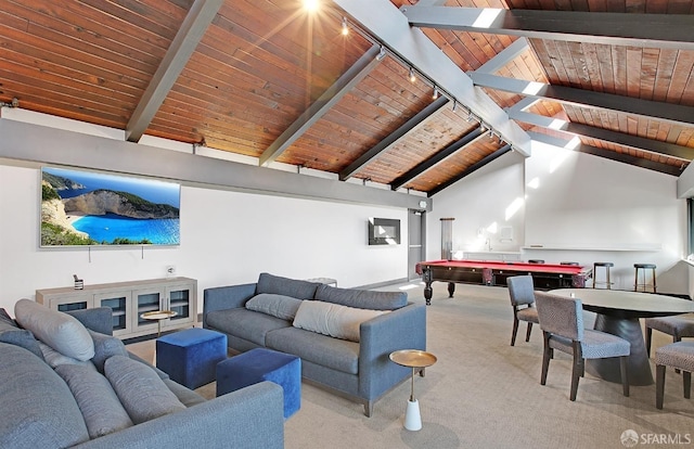 playroom with pool table, wooden ceiling, carpet, and beam ceiling