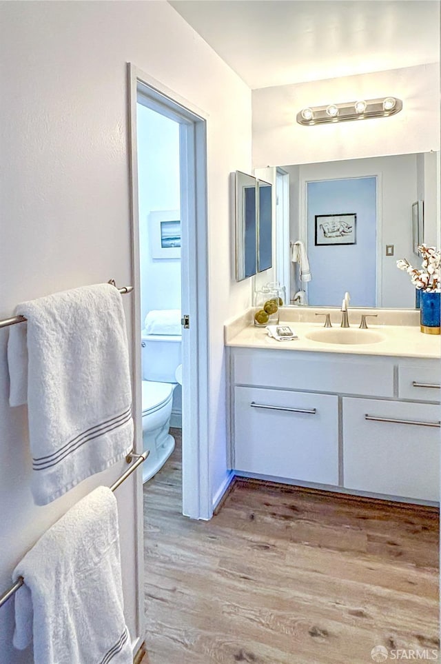 bathroom featuring vanity, toilet, and wood finished floors