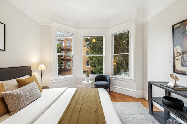 bedroom featuring multiple windows and light hardwood / wood-style flooring