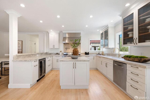 803 Vermont St, San Francisco, CA 94107 - kitchen featuring stainless steel dishwasher, beverage cooler, wall chimney range hood, crown molding, and a center island