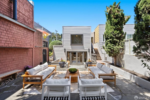 803 Vermont St, San Francisco, CA 94107 - view of patio featuring an outdoor hangout area, french doors, and stairway