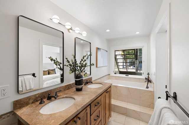 803 Vermont St, San Francisco, CA 94107 - full bath featuring a garden tub, double vanity, connected bathroom, recessed lighting, and tile patterned floors