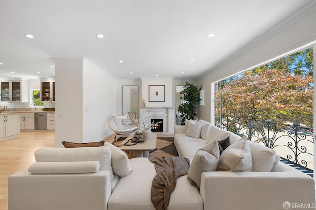 803 Vermont St, San Francisco, CA 94107 - living area with crown molding, recessed lighting, healthy amount of natural light, light wood finished floors, and a premium fireplace