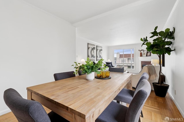 2421 Quintara St, San Francisco, CA 94116 - dining area featuring ornamental molding and a brick fireplace