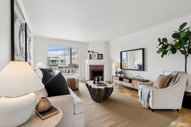 2421 Quintara St, San Francisco, CA 94116 - living area featuring crown molding and a brick fireplace