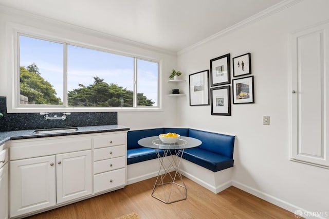 2421 Quintara St, San Francisco, CA 94116 - bathroom featuring wood finished floors, decorative backsplash, ornamental molding, and vanity