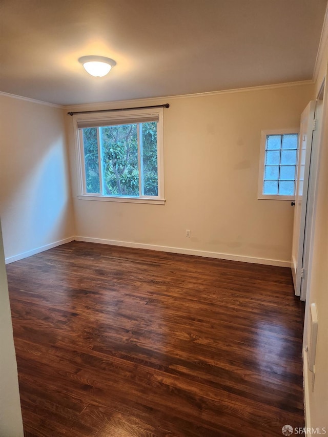 spare room with ornamental molding and dark hardwood / wood-style floors