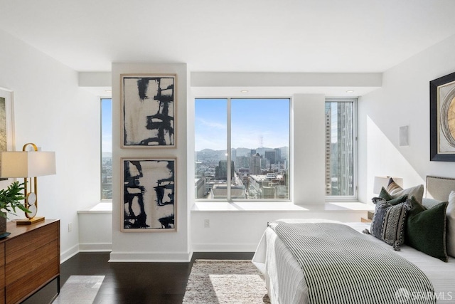 bedroom featuring baseboards, dark wood-type flooring, and a city view