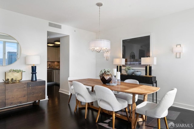 dining area with dark wood-style flooring, visible vents, and baseboards