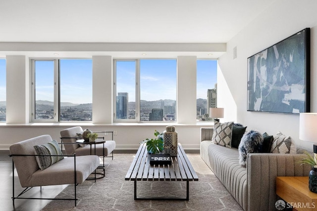 living area featuring baseboards, visible vents, a mountain view, and a city view