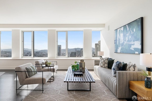 living room with visible vents, a mountain view, baseboards, and wood finished floors