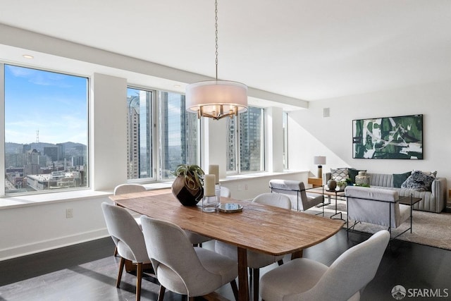 dining room with baseboards, dark wood-type flooring, and a city view