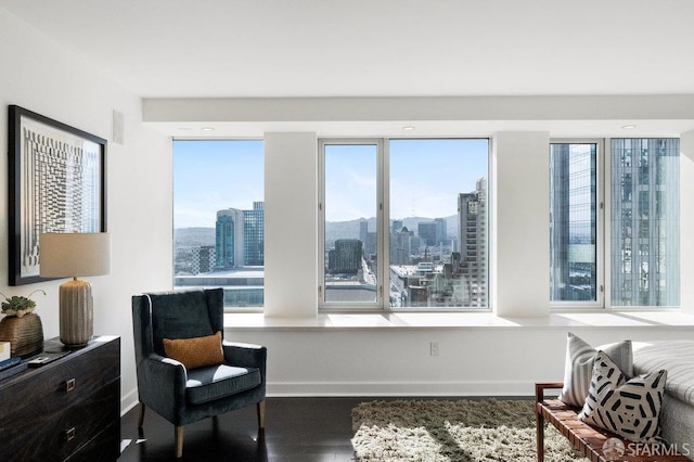 sitting room with a view of city, baseboards, and wood finished floors