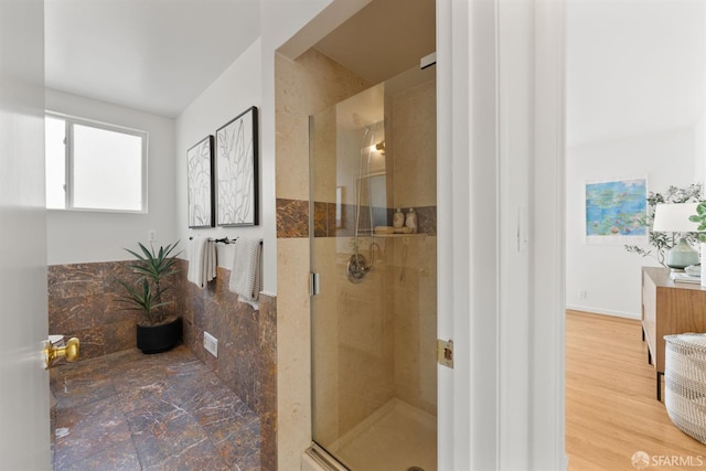 245 Skyline Dr, Daly City, CA 94015 - full bathroom featuring a stall shower, wood finished floors, and vanity