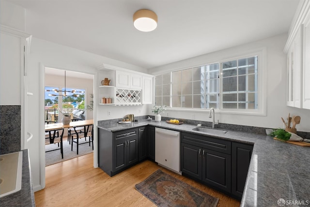 245 Skyline Dr, Daly City, CA 94015 - kitchen with white dishwasher, light wood finished floors, white cabinets, a chandelier, and open shelves