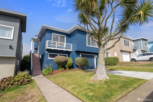 245 Skyline Dr, Daly City, CA 94015 - view of front of house featuring stucco siding, an attached garage, a front lawn, stairway, and a balcony
