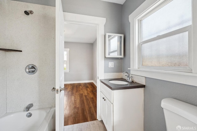 bathroom featuring vanity, toilet, and wood finished floors