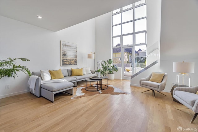 living room featuring a towering ceiling and light hardwood / wood-style flooring