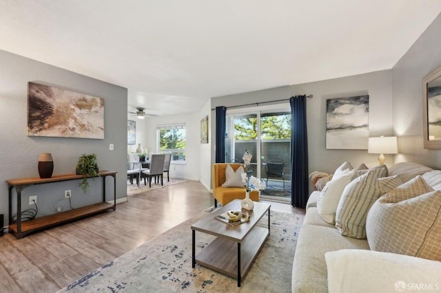 living room with ceiling fan and light hardwood / wood-style floors