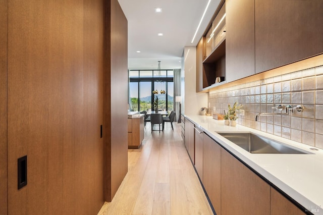 kitchen featuring light wood finished floors, modern cabinets, and a sink