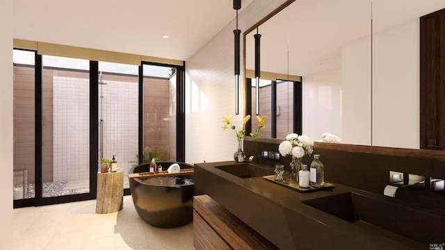 full bathroom featuring a shower stall, tile patterned floors, a freestanding tub, and a sink