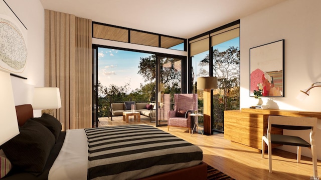 bedroom with wood finished floors, multiple windows, and a wall of windows