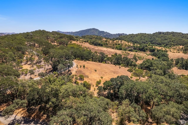 aerial view featuring a wooded view and a mountain view
