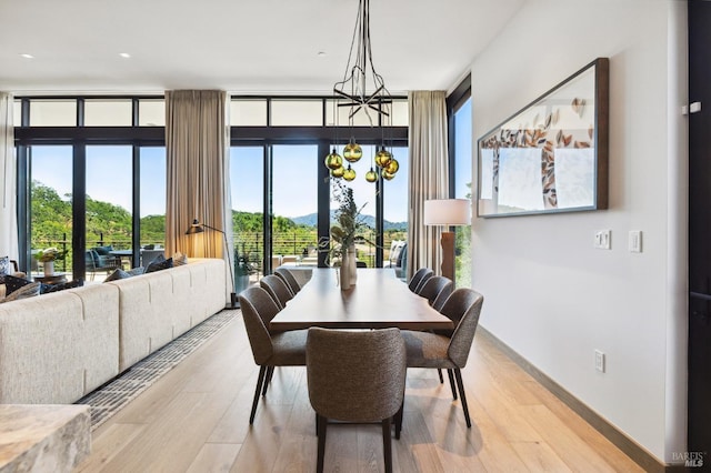 dining room featuring a chandelier, light wood-style floors, and baseboards