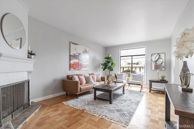 living room with parquet floors and crown molding