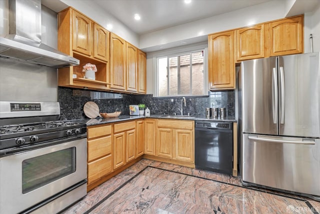 kitchen featuring wall chimney exhaust hood, stainless steel appliances, sink, and backsplash