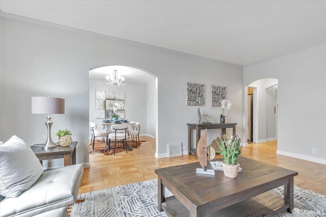 living room featuring light parquet floors