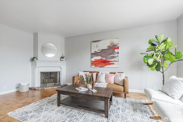 living room with ornamental molding and light parquet flooring