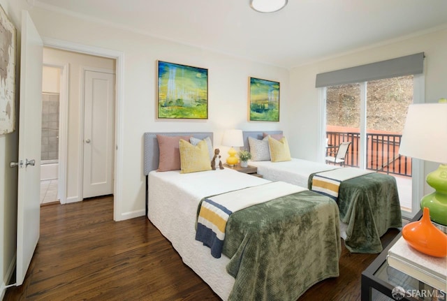 636 Edgemar Ave, Pacifica, CA 94044 - bedroom featuring access to exterior, wood finished floors, and ornamental molding