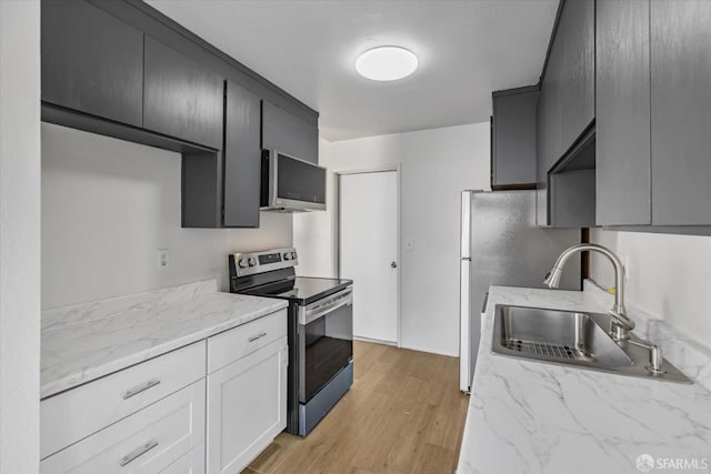 kitchen with light hardwood / wood-style floors, sink, white cabinets, and appliances with stainless steel finishes