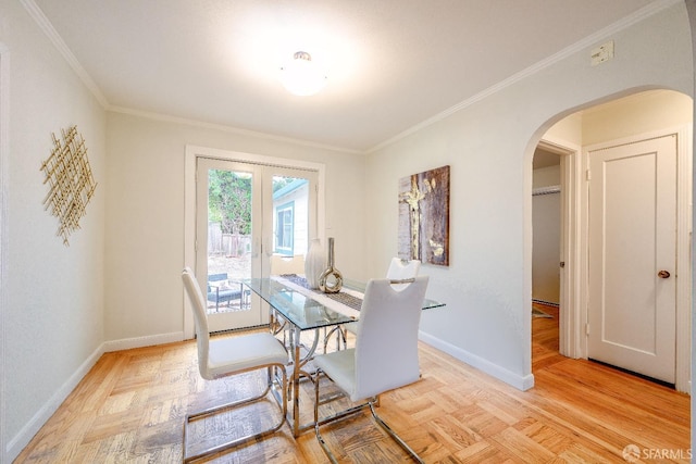 311 Linden Ave, San Bruno, CA 94066 - dining area featuring crown molding, arched walkways, parquet floors, french doors, and baseboards