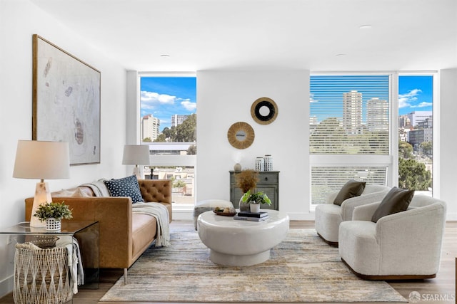 555 Fulton St Unit 519, San Francisco, CA 94102 - living area featuring a view of skyline, wood finished floors, a wall of windows, and plenty of natural light