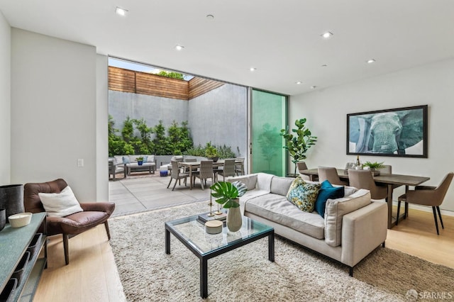 living room featuring a wall of windows and light wood-type flooring