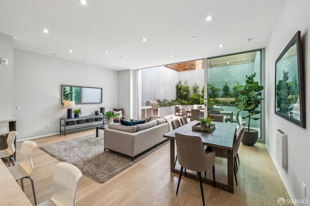 living room featuring radiator and light hardwood / wood-style flooring