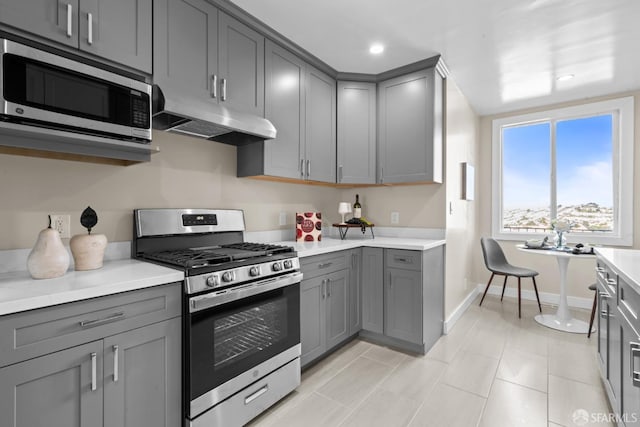 kitchen featuring stainless steel appliances and gray cabinetry