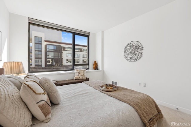 carpeted bedroom with floor to ceiling windows