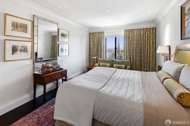 bedroom featuring crown molding and wood-type flooring