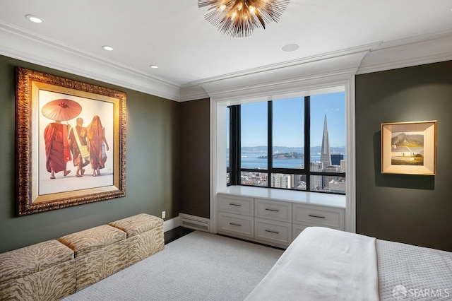 bedroom featuring crown molding and a water view