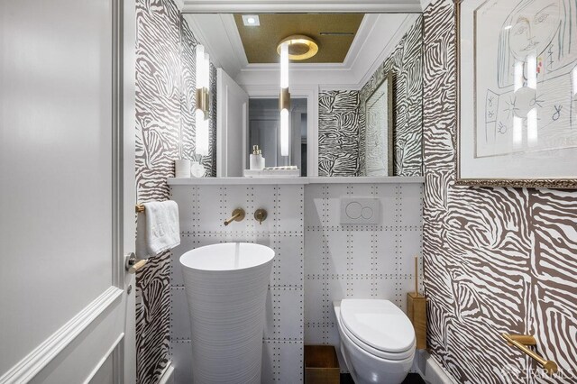 bathroom with toilet and crown molding