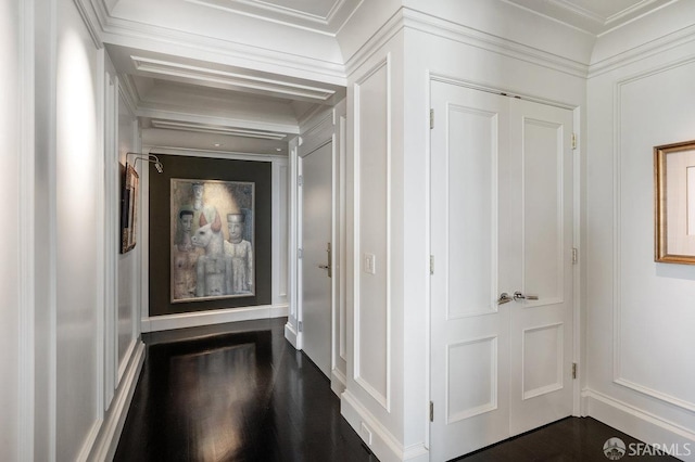 hall with crown molding and dark hardwood / wood-style flooring