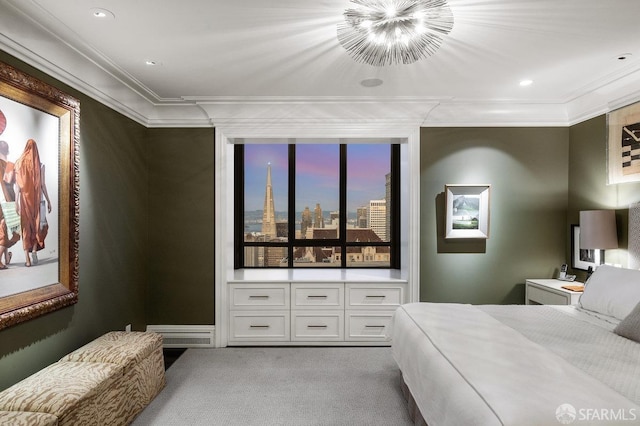 bedroom featuring light carpet, a baseboard heating unit, and ornamental molding