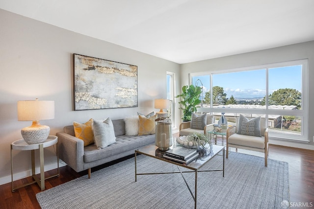 living area featuring wood finished floors and baseboards