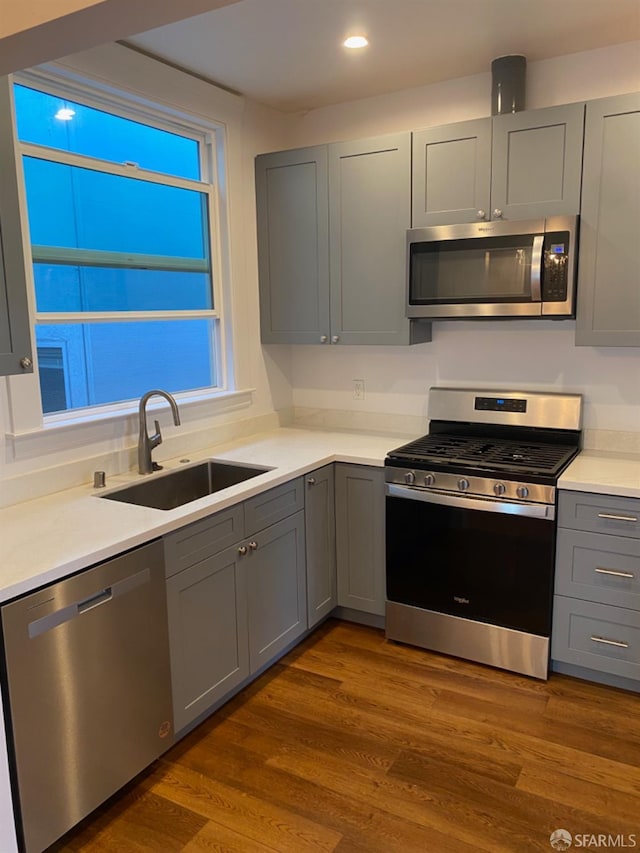 kitchen with gray cabinetry, dark wood-type flooring, and stainless steel appliances