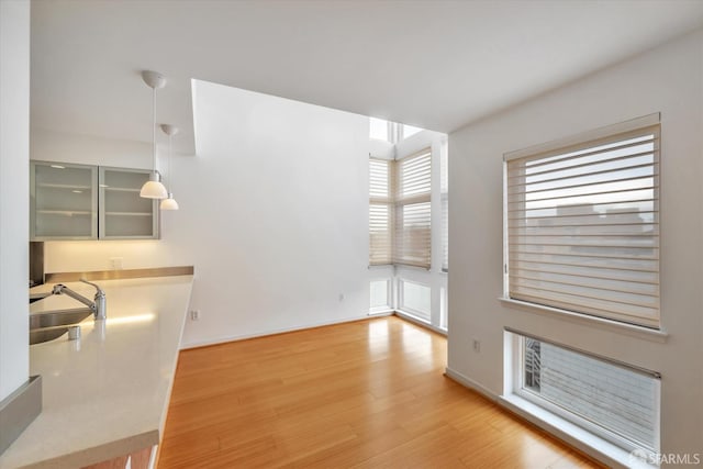 unfurnished dining area with a sink, baseboards, and wood finished floors