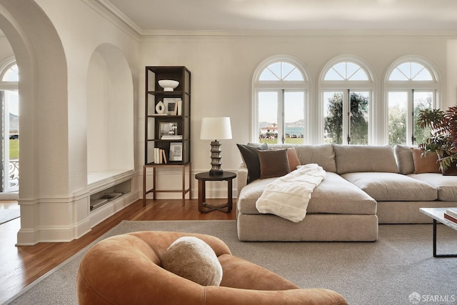 living room featuring wood-type flooring, plenty of natural light, and crown molding